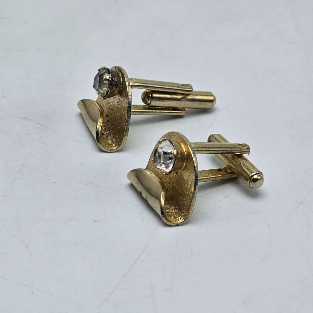 Vintage Gold Textured Clear Rhinestone Cufflinks Mid Century Modern Design - Picture 2 of 5